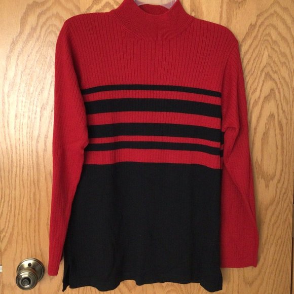 Jennifer Moore Sweaters - Jennifer Moore Petites - Long sleeve, red and black striped mock turtleneck